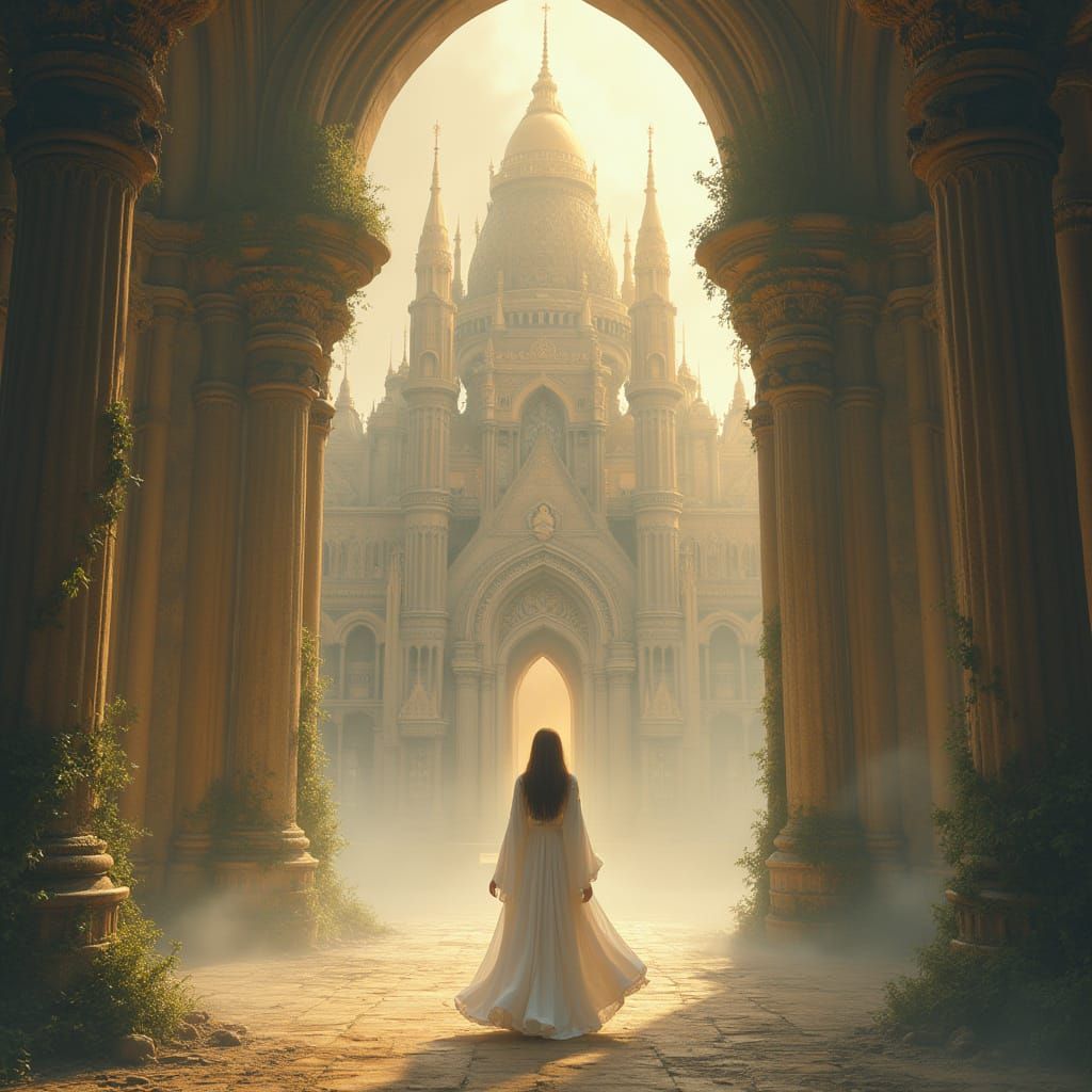Girl in Mystical Temple of Golden Light