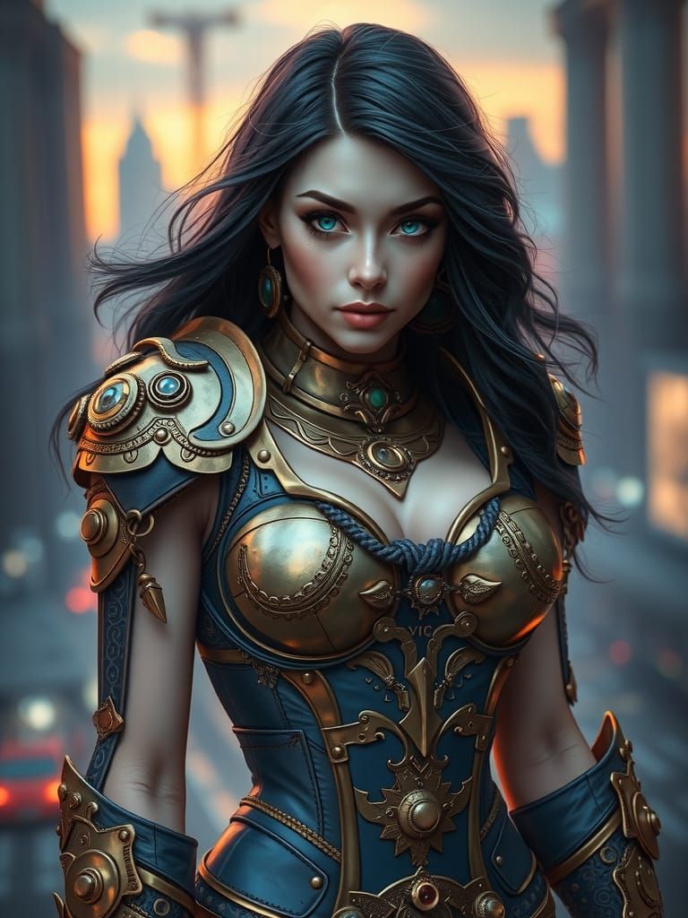Cyborg Goddess in Chestplate Armor, Oil Painting