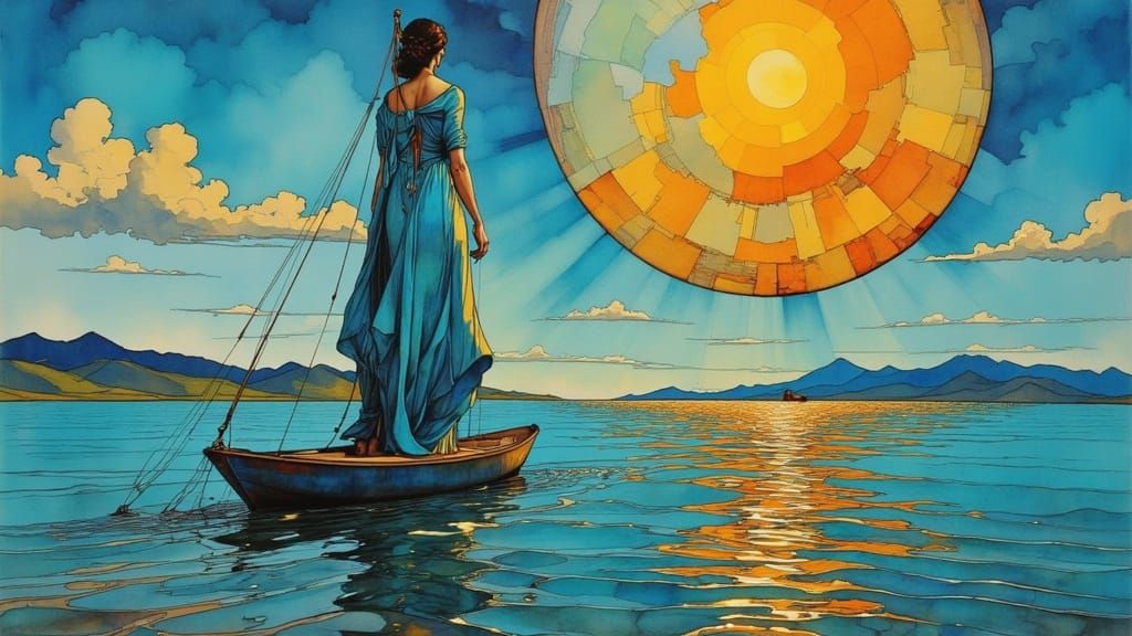 Solitary Woman at Lake in Surrealist Style