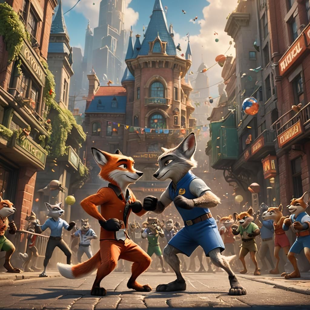 Fox and Wolf Boxing Match in Zootopia