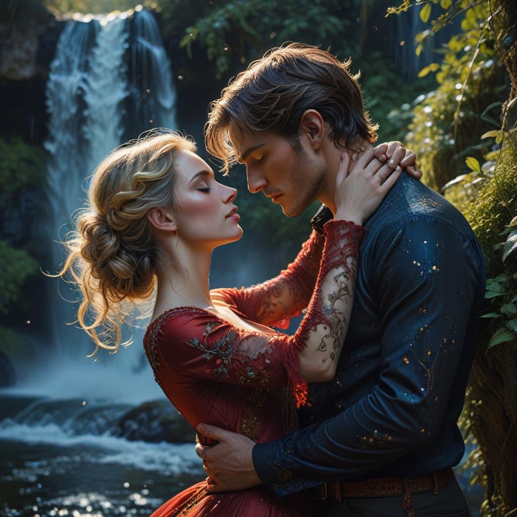 Romantic Couple Kissing Beside Waterfall Under Milky Way