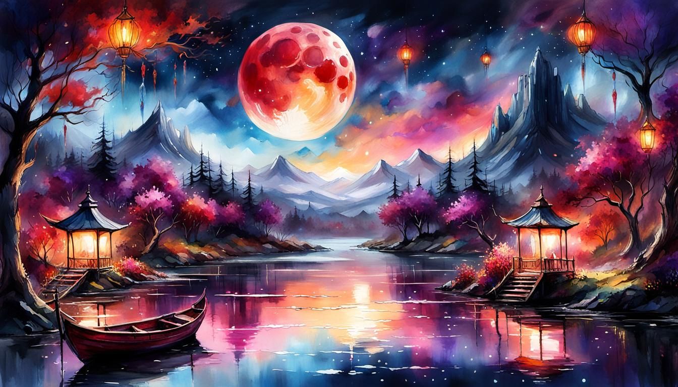 Epic Nighttime River Scene in Watercolor Style