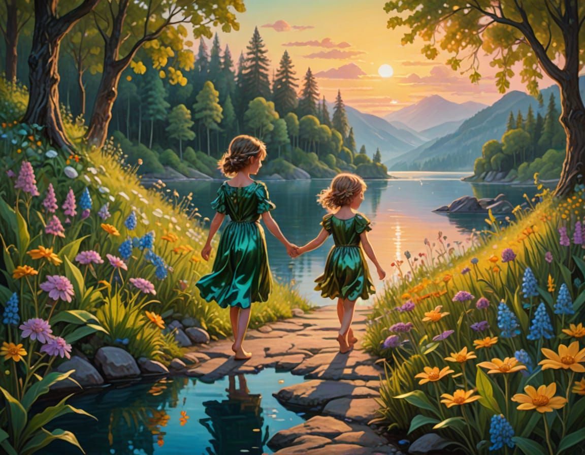 Faery and Child on Leafy Island: Oil Painting