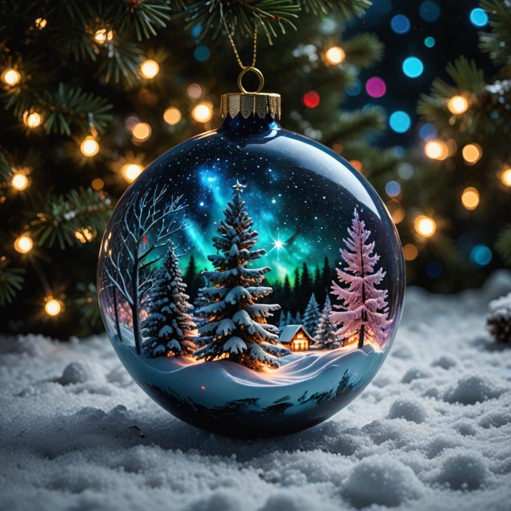 Galactic Christmas Ornament Illuminates Snowy Forest Landsca...