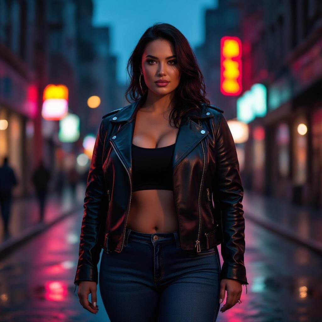 Plus-Size Woman in Urban Dusk Street Scene