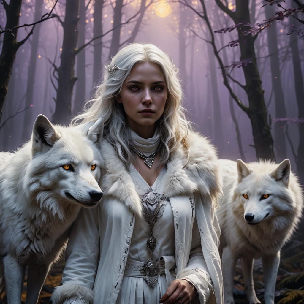 Ethereal Girl with Wolf and Fox in Misty Forest