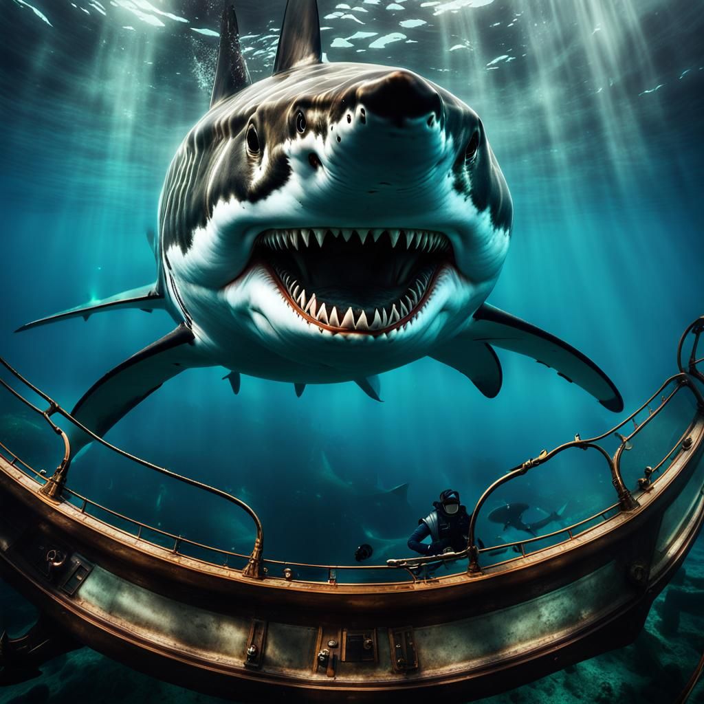 Great White Shark Attacks Steampunk Glass Boat