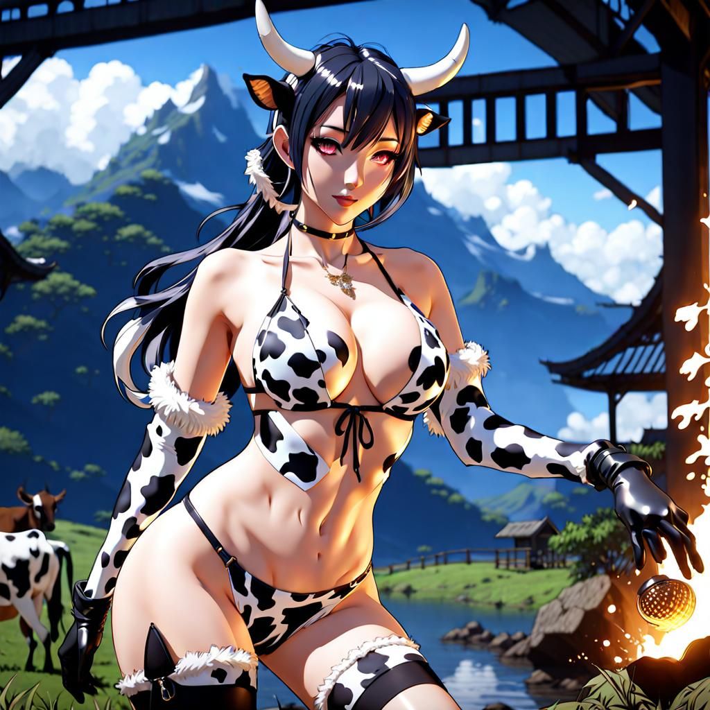 Anime Girl in Cow Print Bikini: Fantasy Art