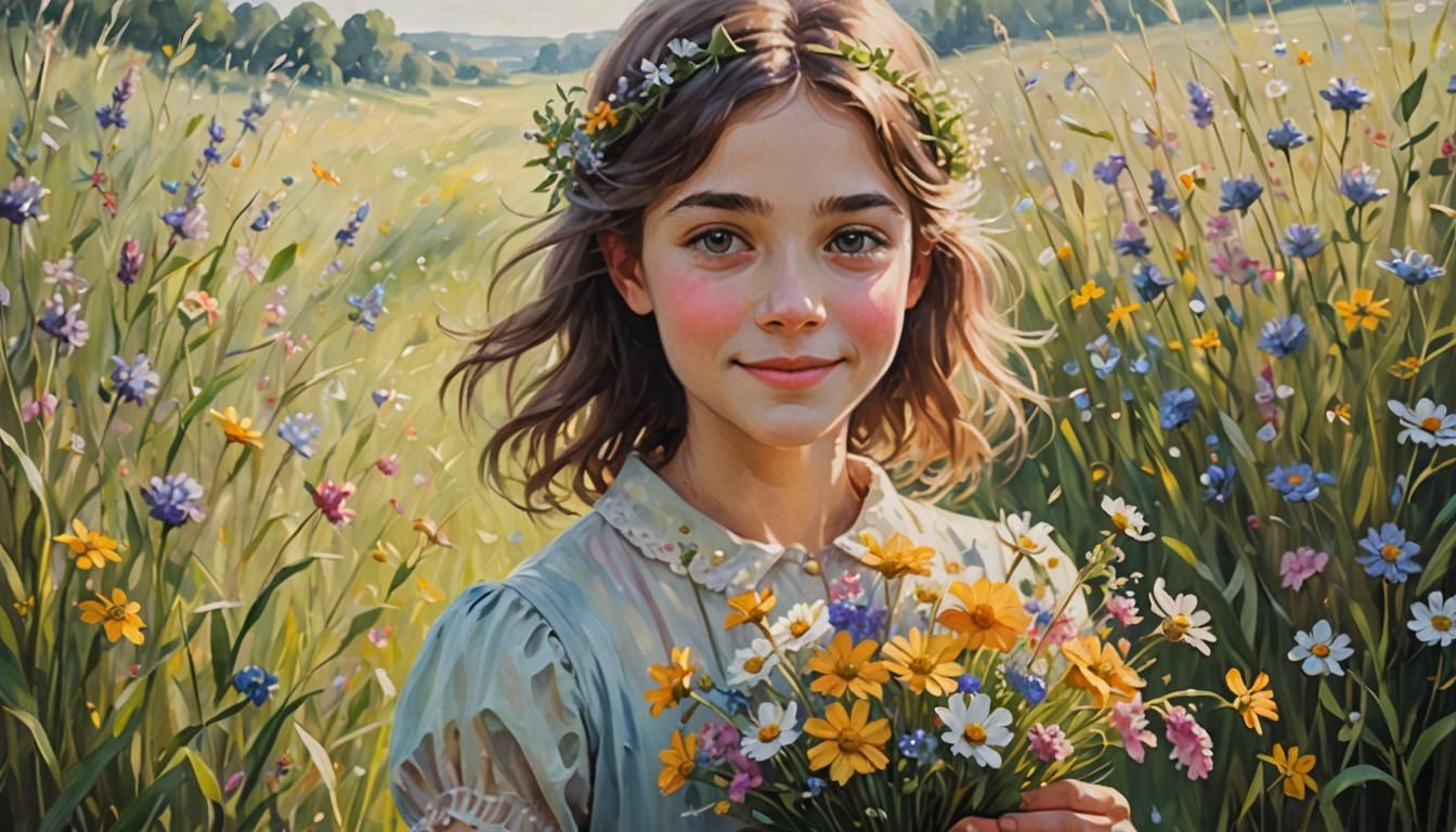 Girl with Flowers: Impressionist Oil Painting