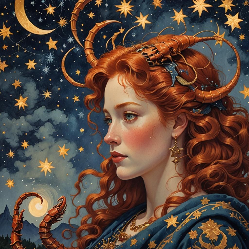 Redhead Woman with Scorpion in Folk Art Style