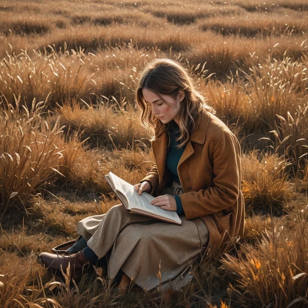 Woman Reading in Autumn Meadow with Golden Light
