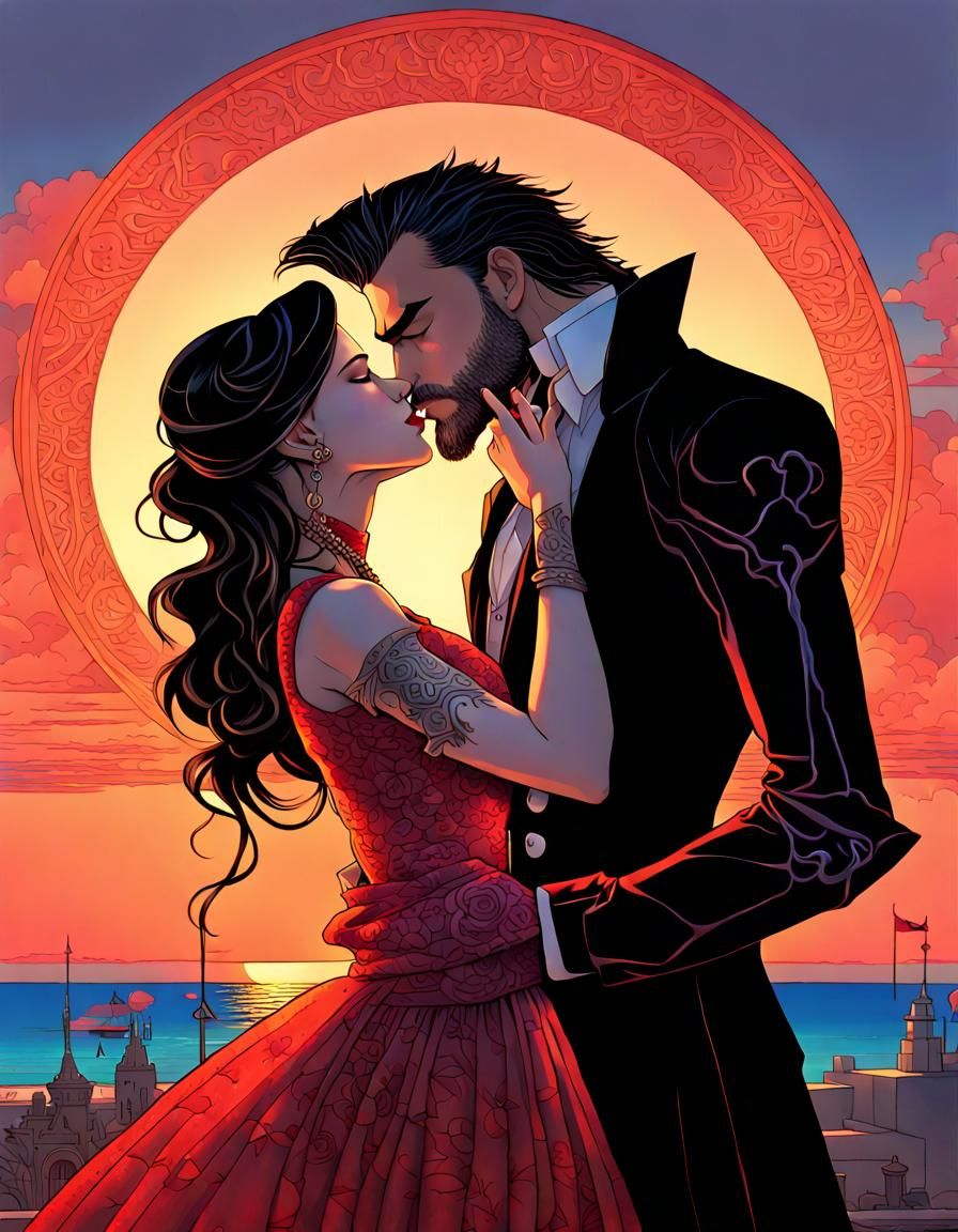 Romantic Sunset Kiss in Fantasy Art Style