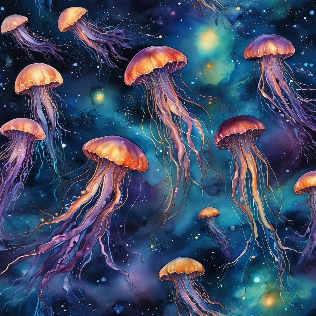 Surreal Ocean Scene with Jellyfish Stars, Alcohol Ink Style