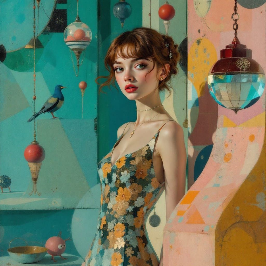 2030s Pin-Up Woman in Gold Dress, Magical Realism