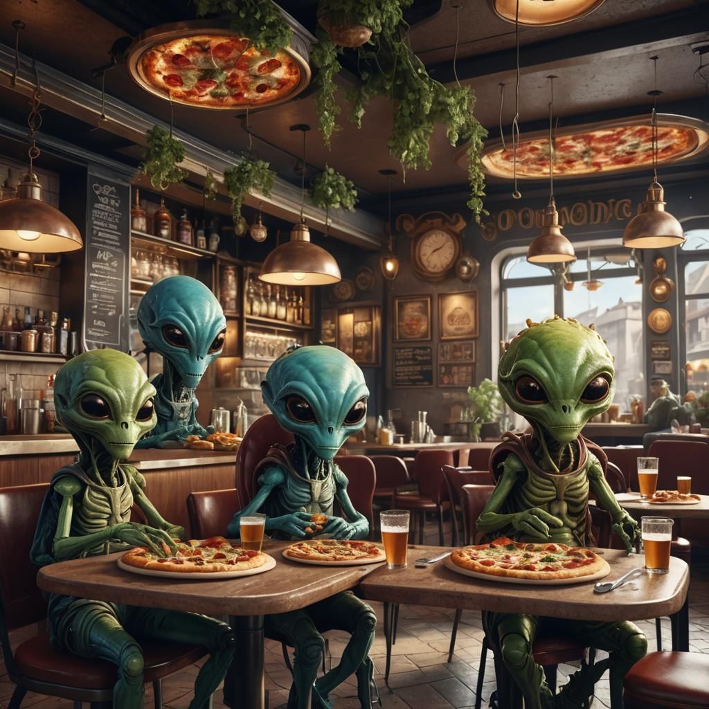 Cute Aliens Enjoying Pizza in Italian Bistro