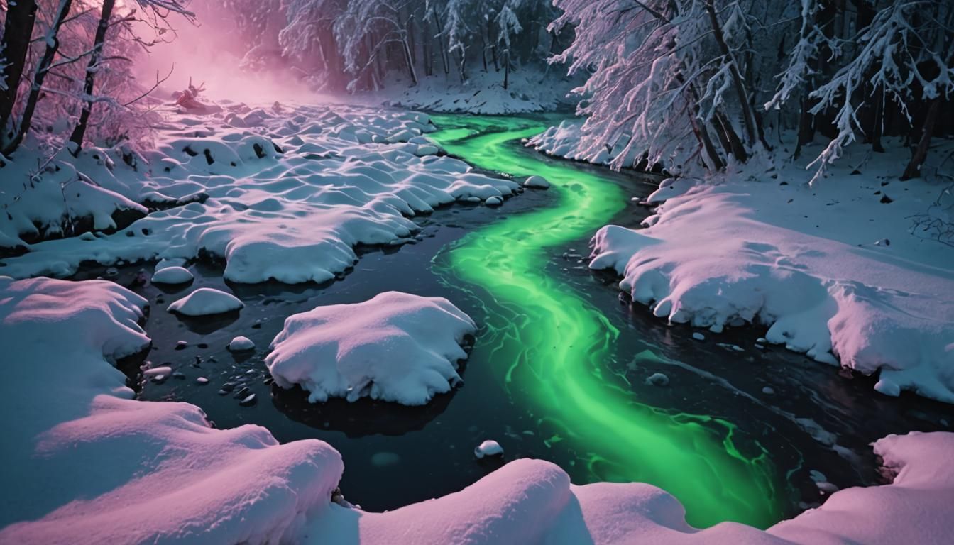 Snowy River with Colored Smoke in Hyper-Realistic Style