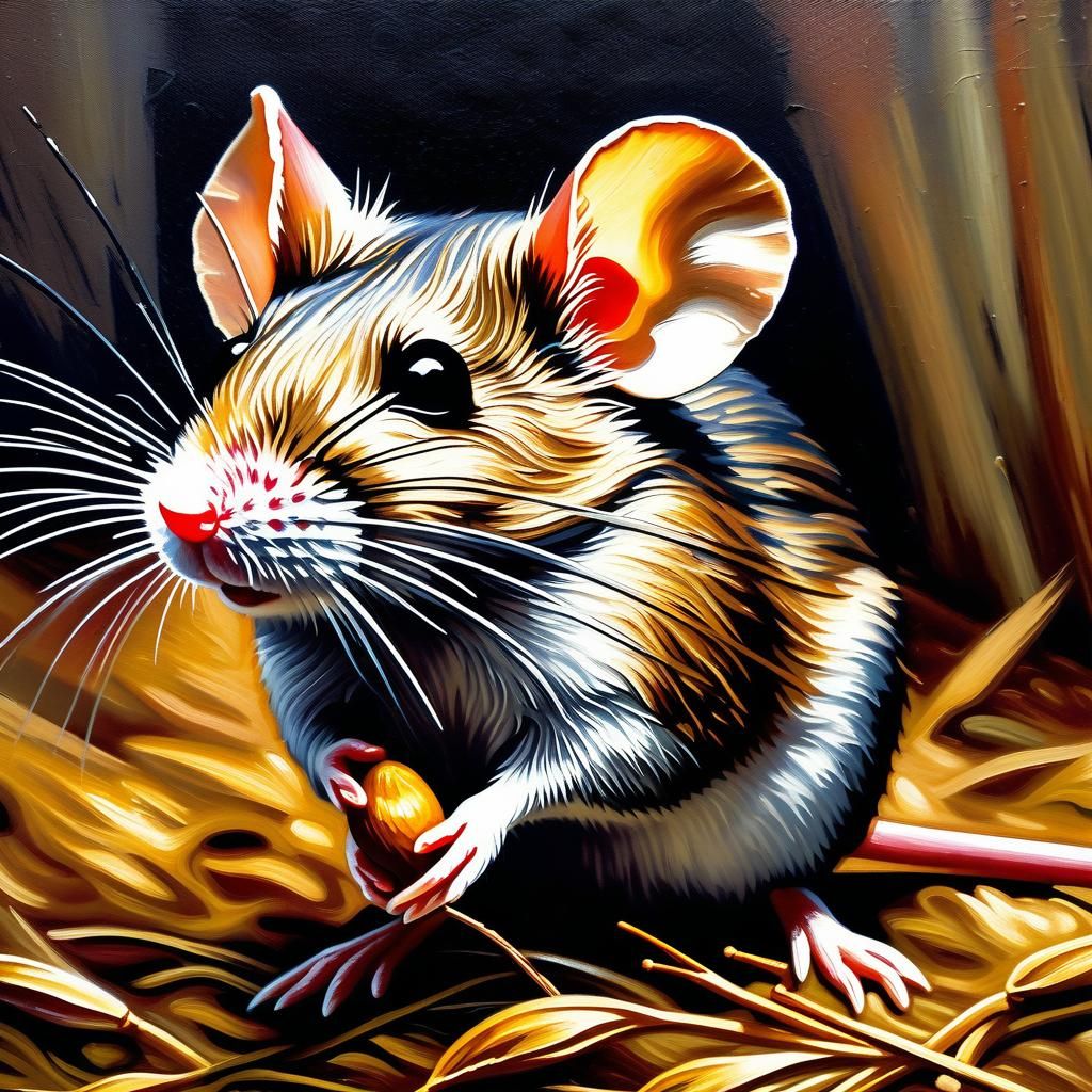 Farmyard Mouse Close-Up in Impasto Style