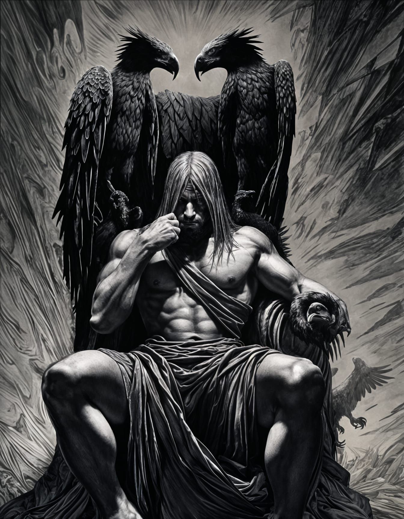 Dark Monarch in Ancient Greek Toga, Surrounded by Shadows