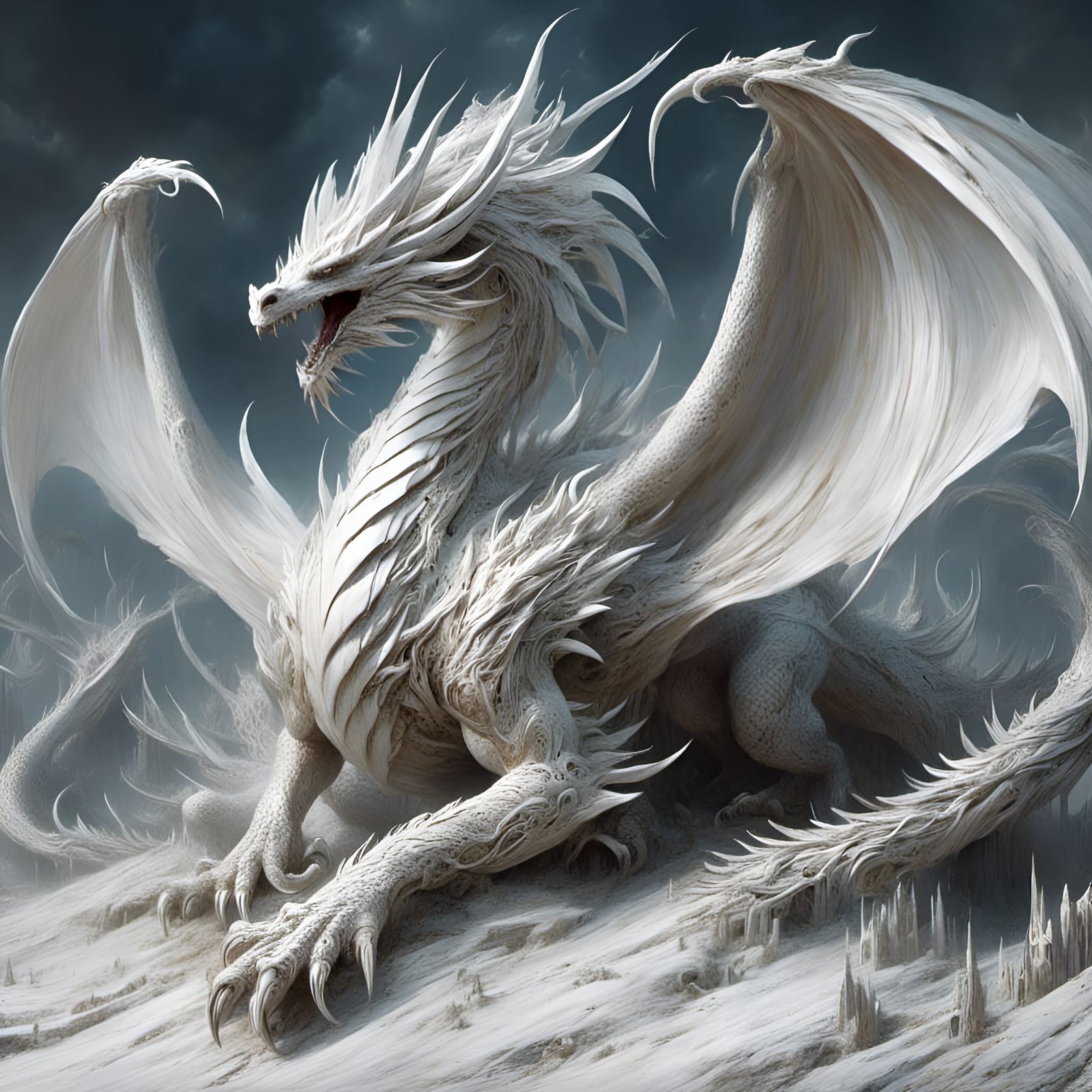 Giant White Dragon in Frozen Movement Style
