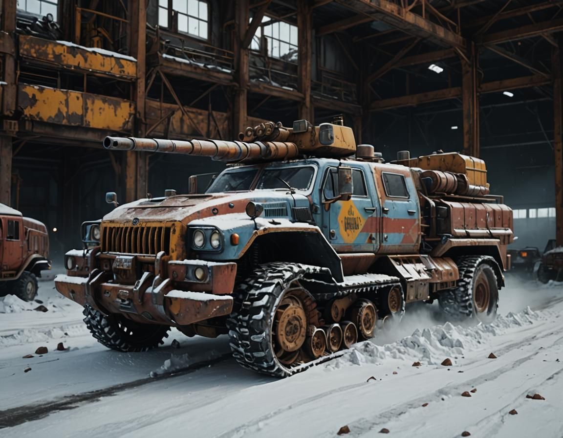 Post-apocalyptic Snow Plow Truck with Tank Cannon Turret Cha...