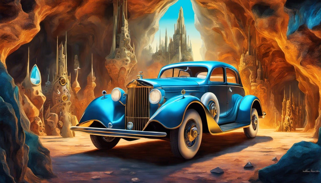 Steampunk Drill Car in Crystal Cavern: Surreal Art