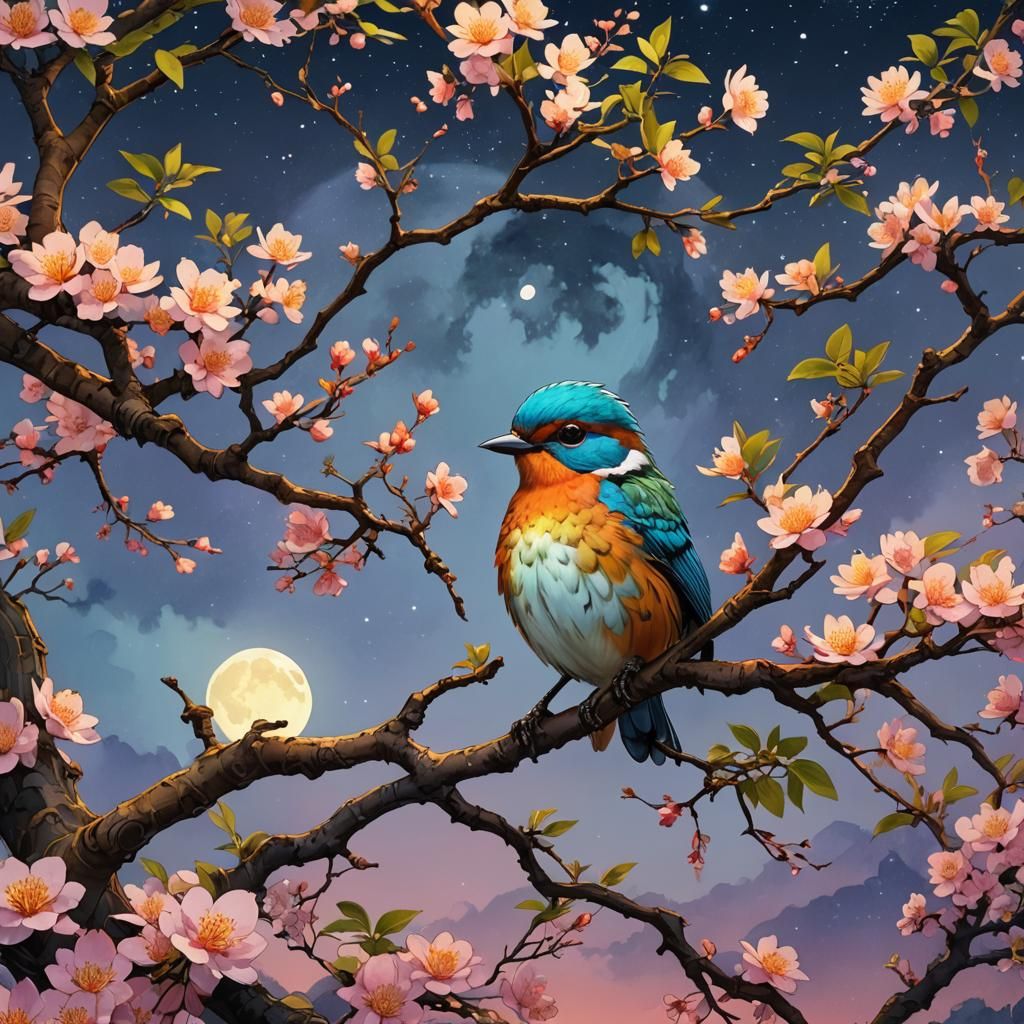 Surreal Bird on Bonsai Tree Watercolor Concept