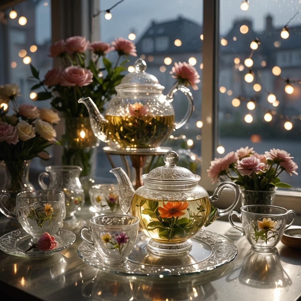 Floral Glass Tea Set on Window Sill in 4K