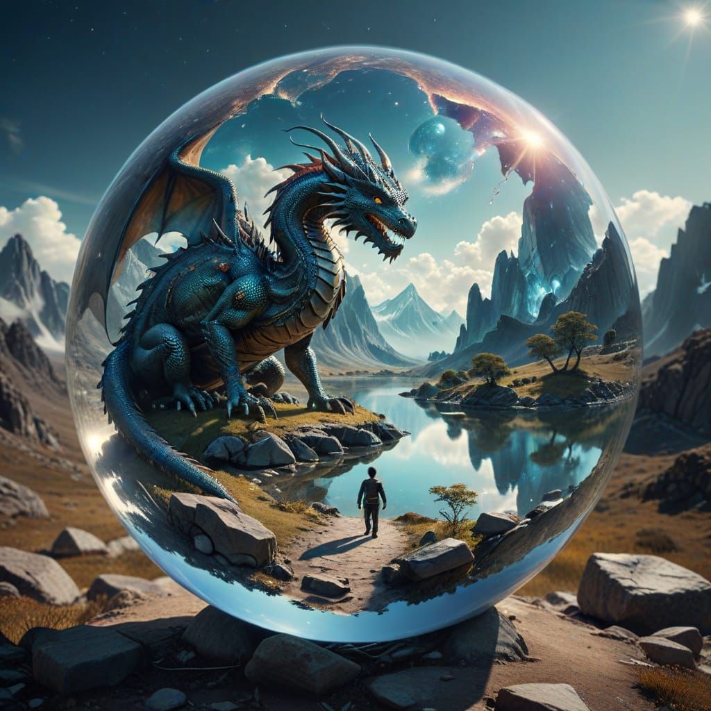 Surreal Pathway Through Crystal Ball: Dragon-Human Hybrid