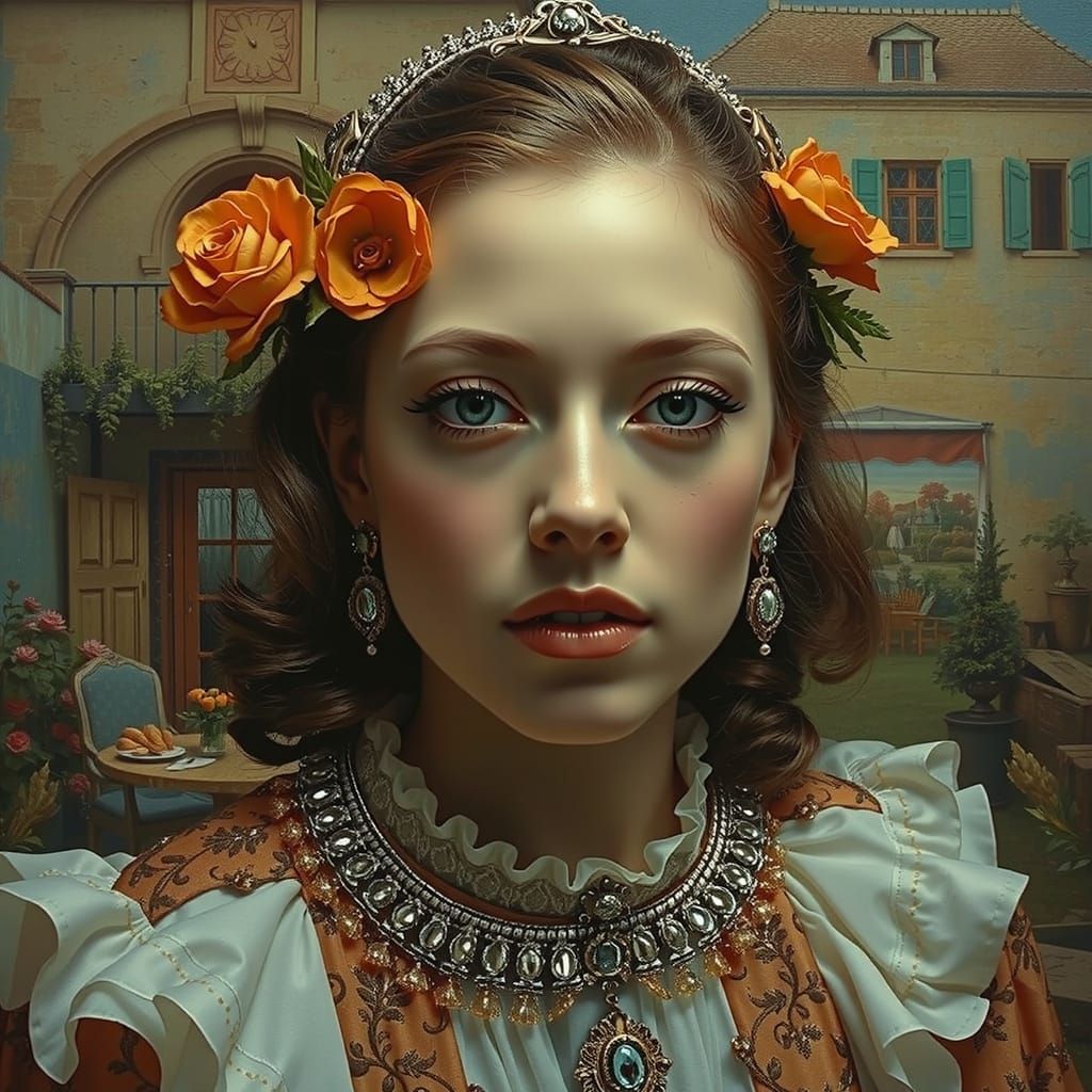 Elegantly Dressed Figure in French Countryside, Hyperrealism