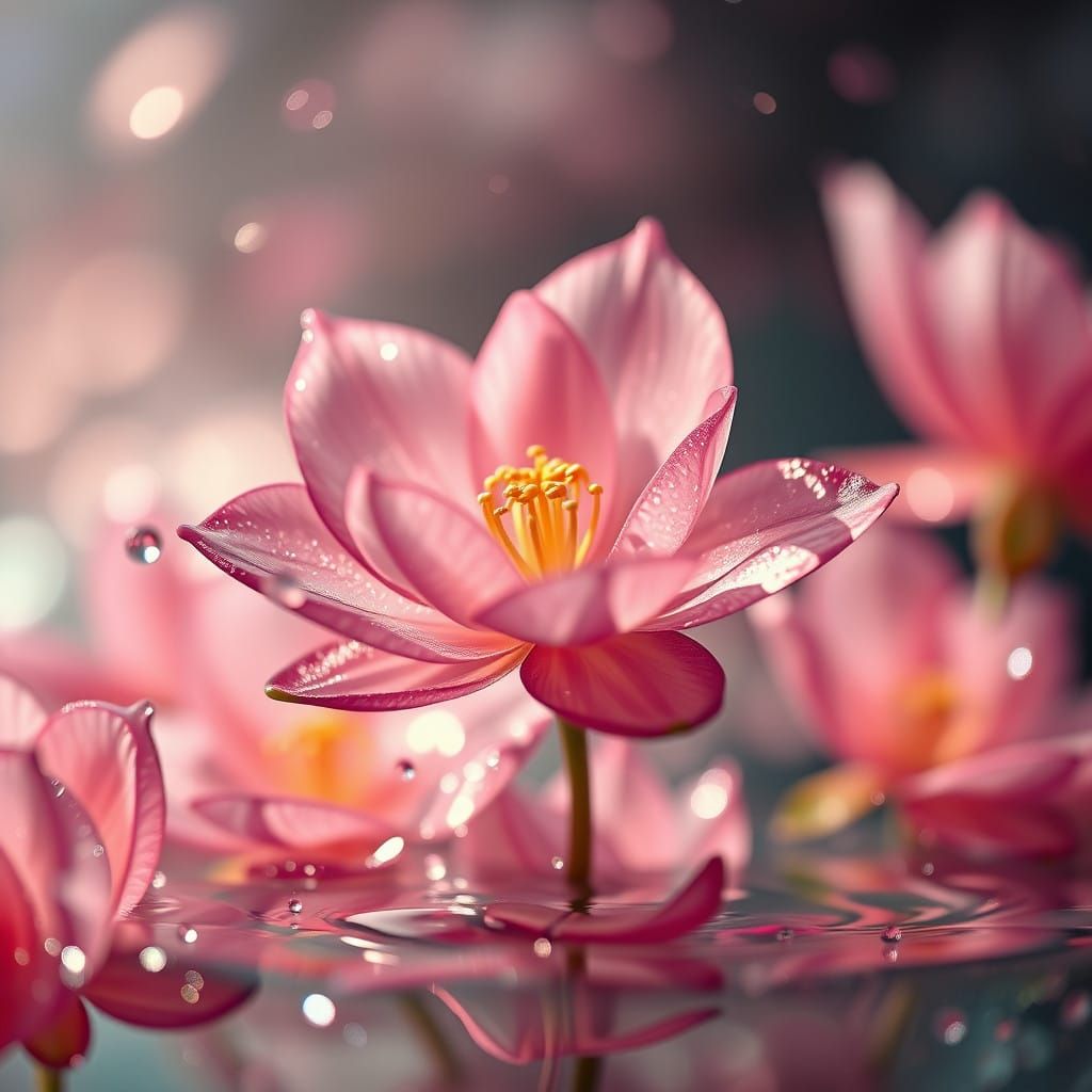 Dreamlike Water Blooms in Mid-Air, Shimmering with Subtle Re...