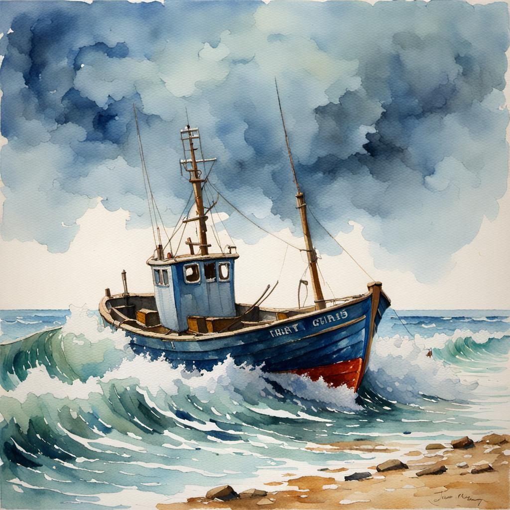Fishing Boat on Wild Sea in Watercolour Style