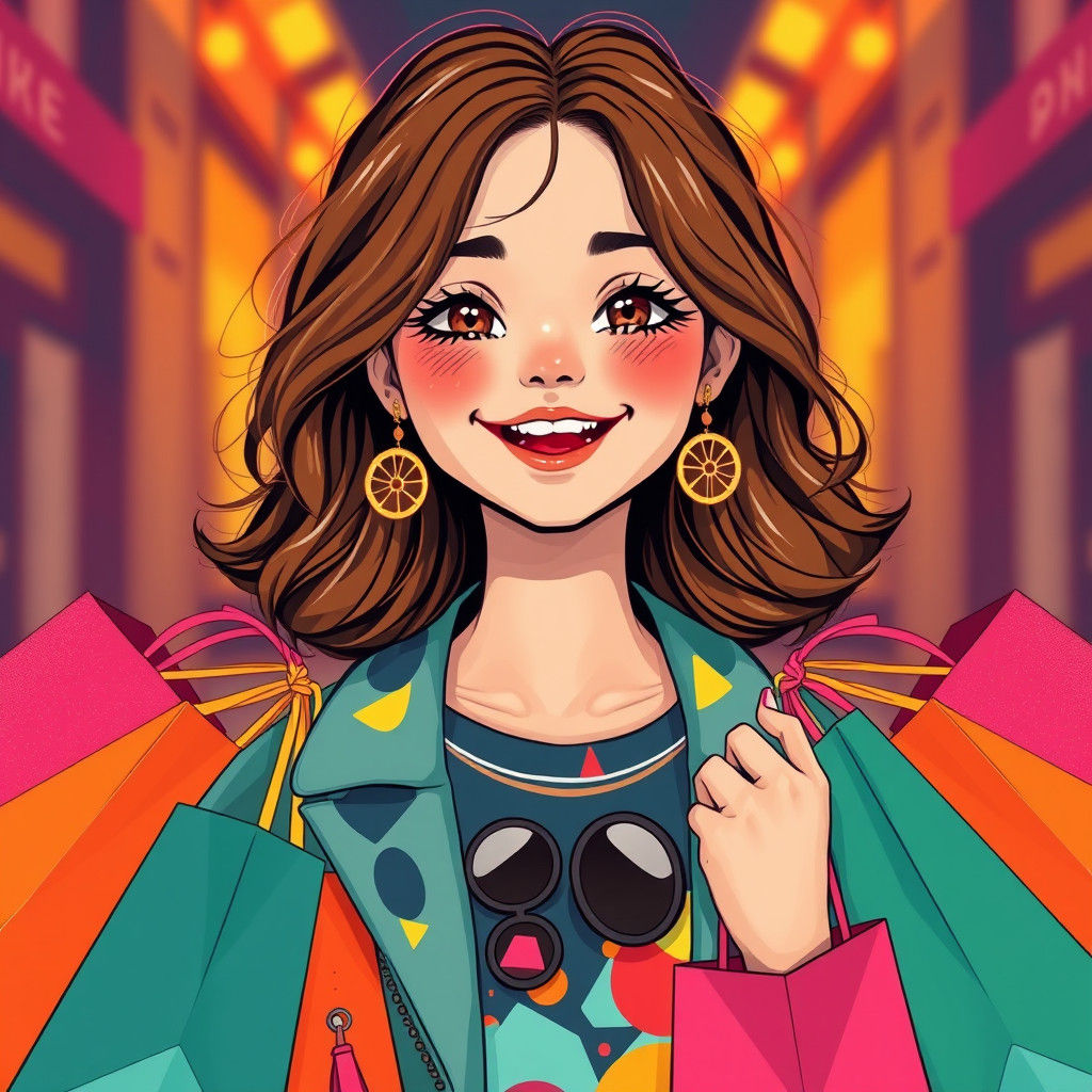 Smiling Girl with Shopping Bags in Digital Pop Art