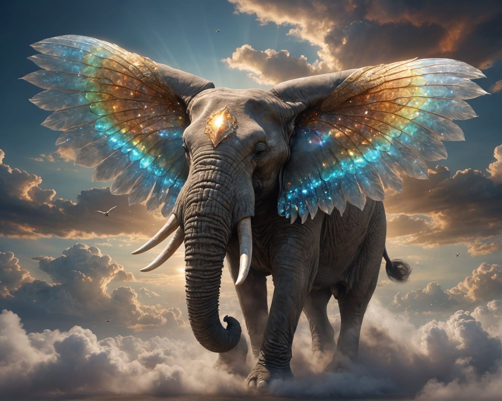 Surreal Elephant Metamorphosis in Prismatic Cloudscape