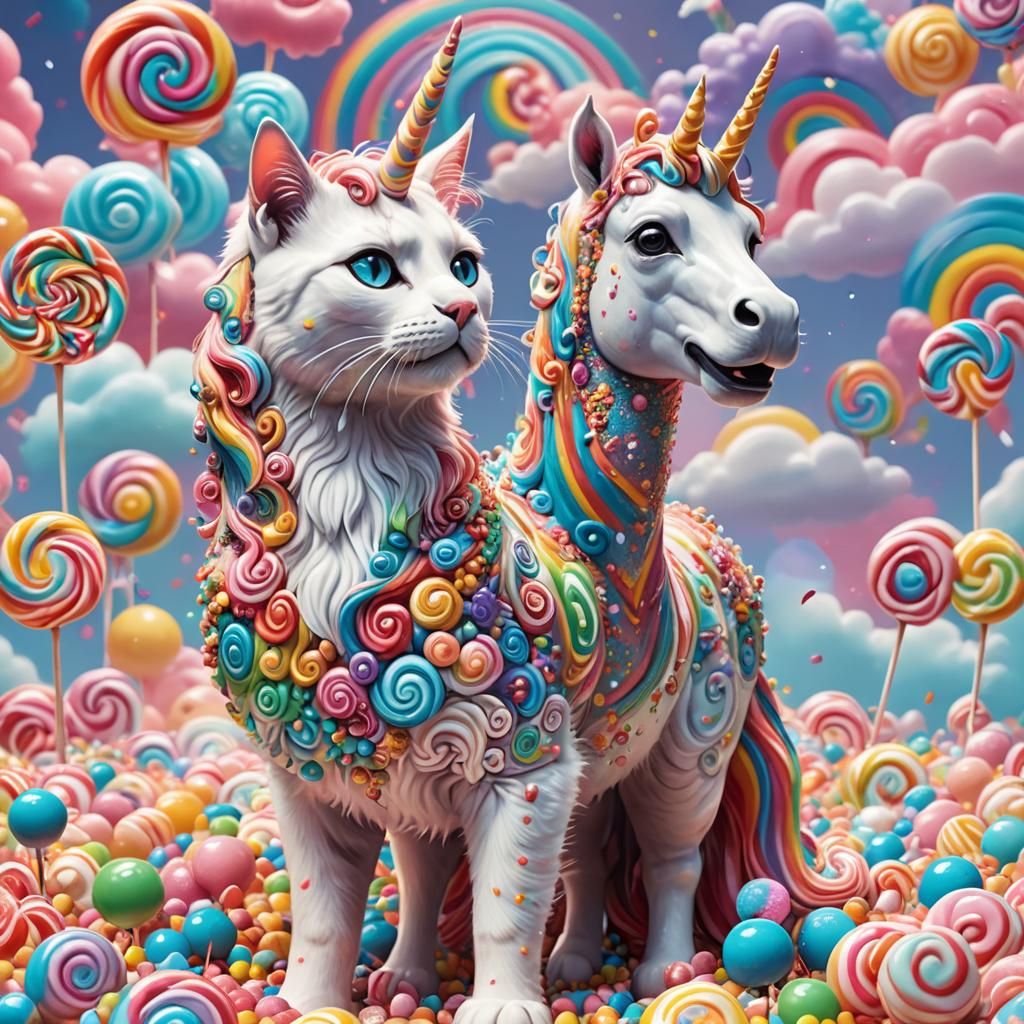 Cat and Unicorn in Candyland: a Candy Art Illustration