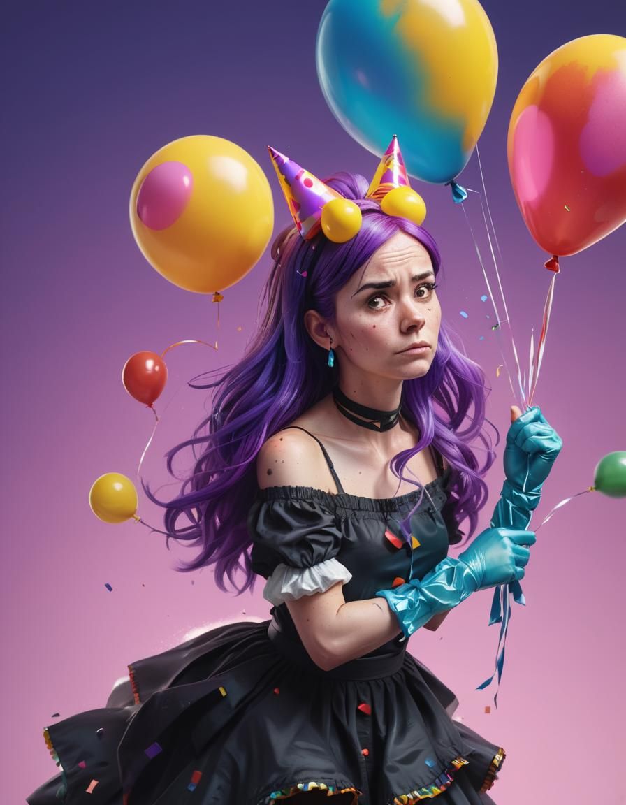 Annoyed Woman with Balloons: Hyperrealistic Splash Art
