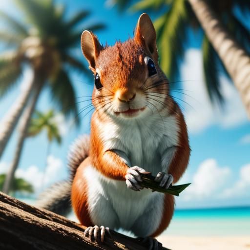 Squirrel with Flowers on Tropical Beach, Hyperrealistic