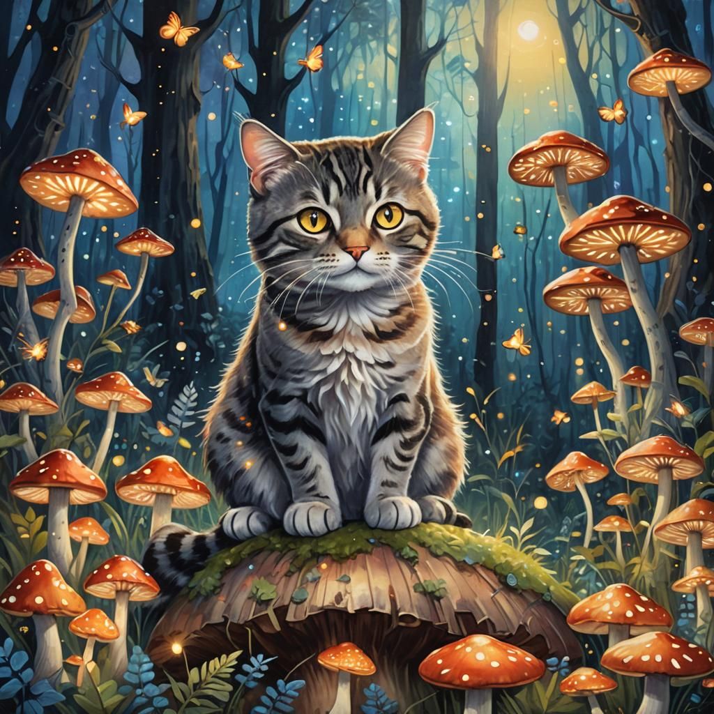 Mystical Tabby Cat in Fantasy Forest Oil Painting