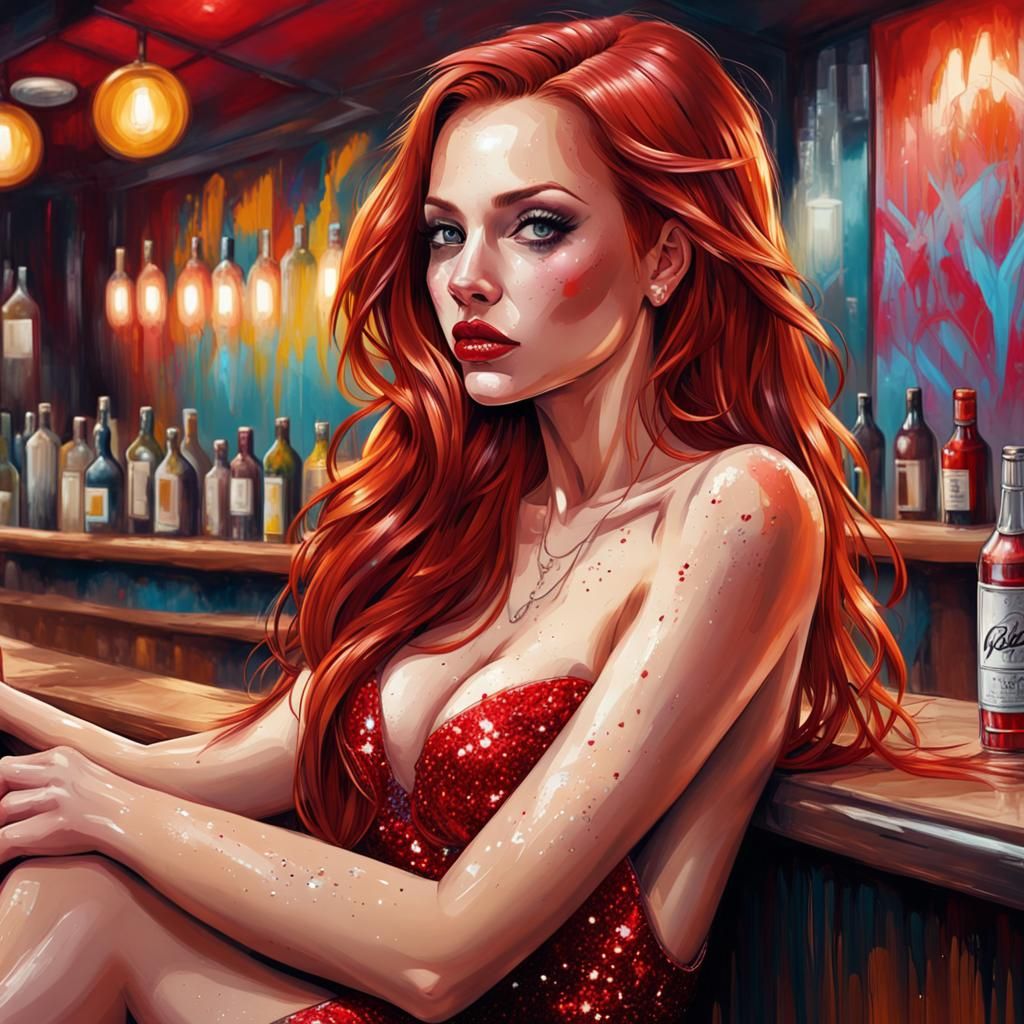 Beautiful Woman in Red Dress, Graffiti Art Style
