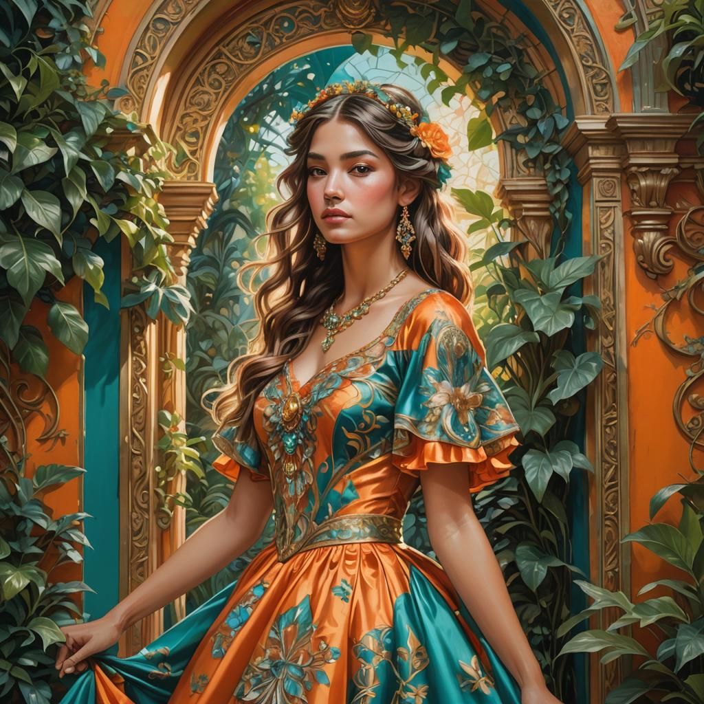 Girl in Ornate Doorway: Oil Painting with Volumetric Lightin...
