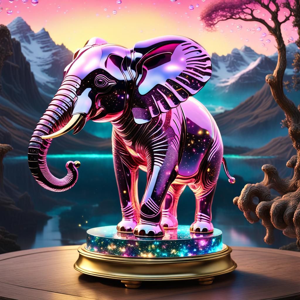 "The glass body of a pink elephant, with gold-plated interio...