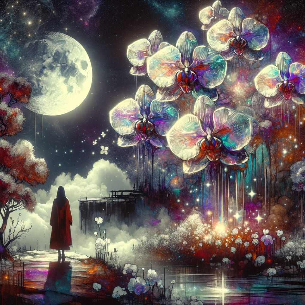 Woman in Moonlit Garden with Iridescent Orchids