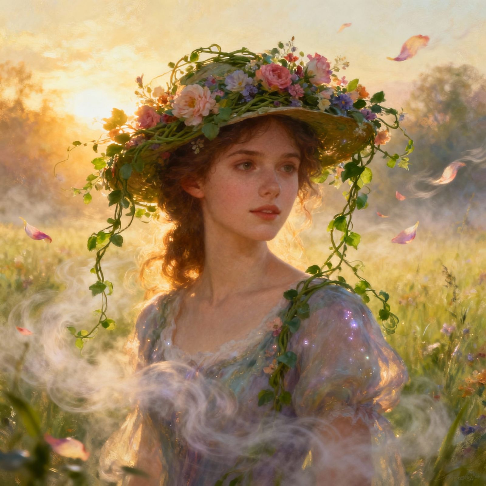 Woman in Flower Hat at Golden Hour Meadow