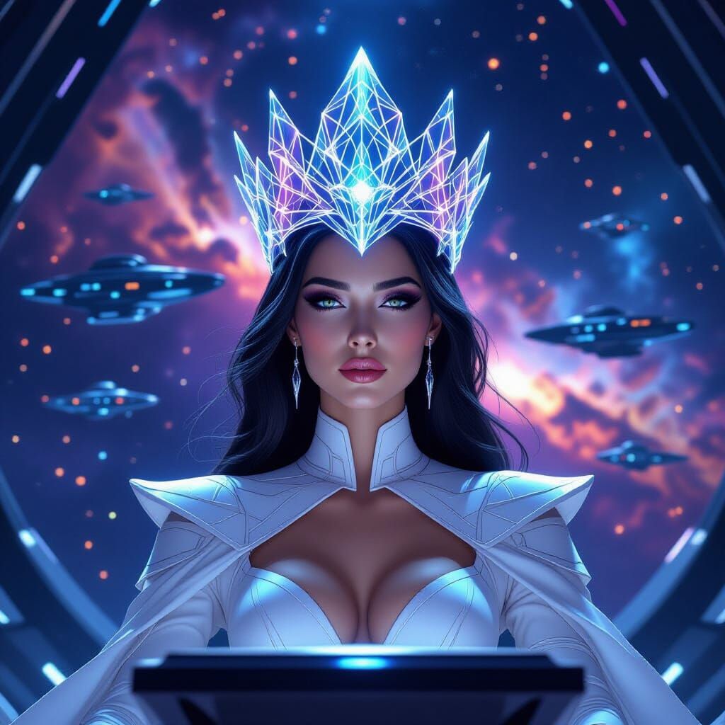 Futuristic Empress with Holographic Crown Commands Starfleet