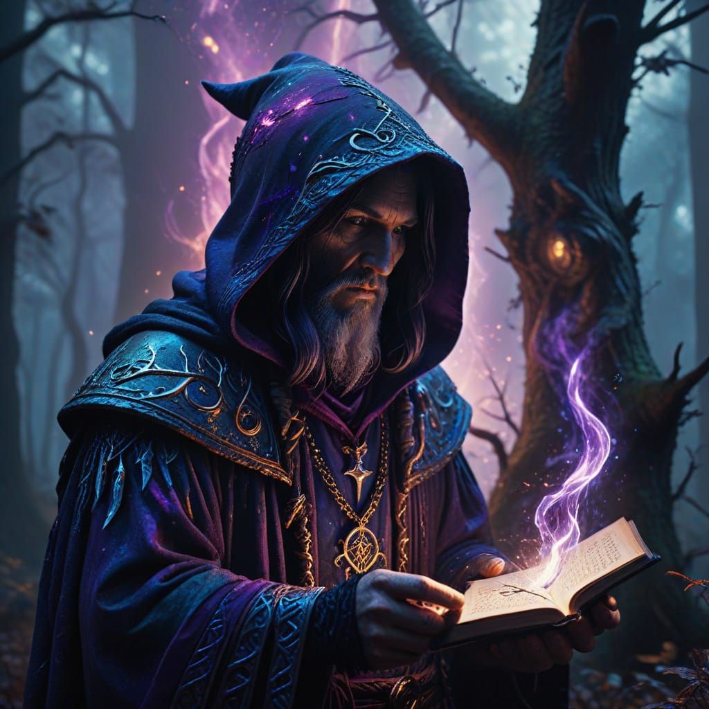 Enchanted Forest Wizard Casting Spell in Grimoire Style