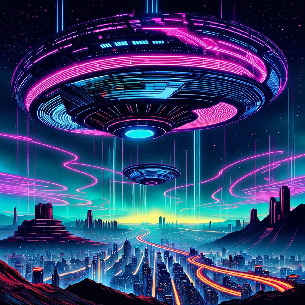 Synthwave Valley of Giant Flowers at Night