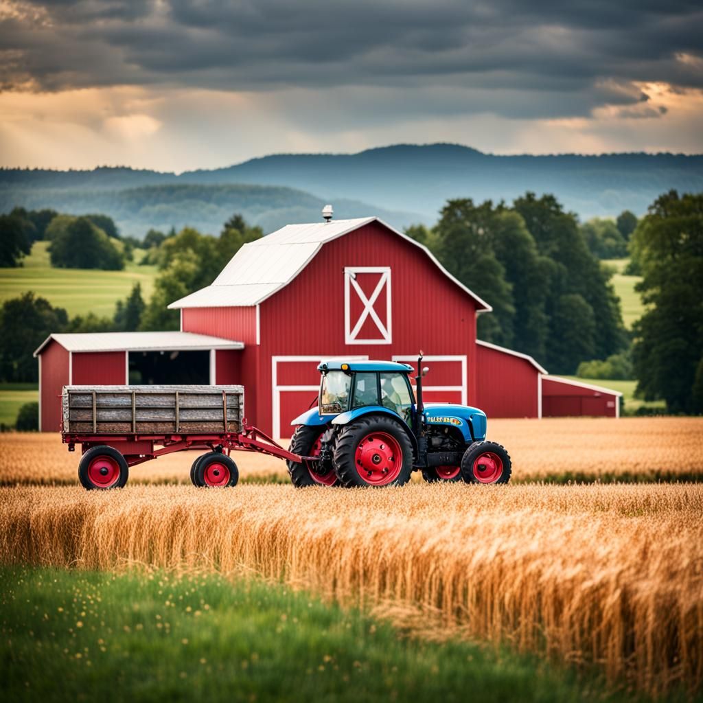 Farm Fields Tractor and Red Barn in Photo
