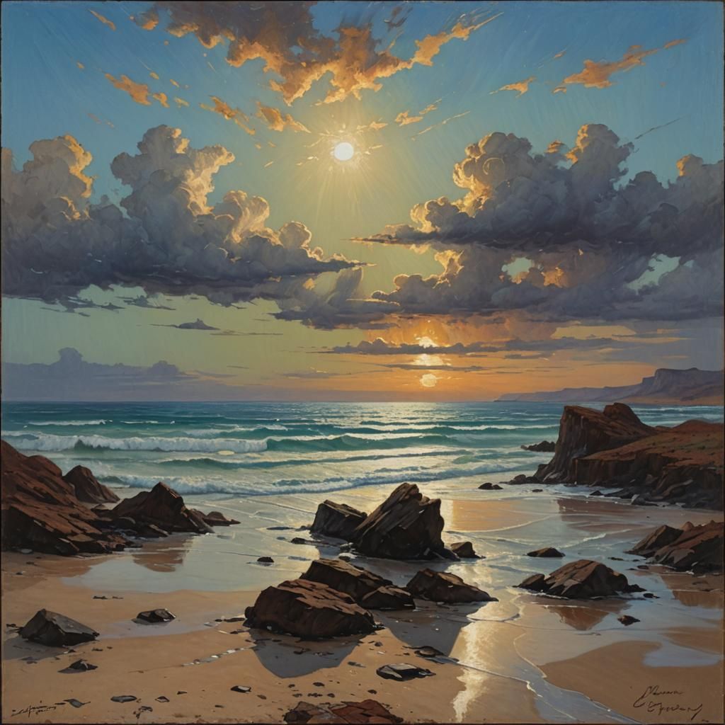 Surreal Oil Painting of Desolate Landscape with Distant Hori...