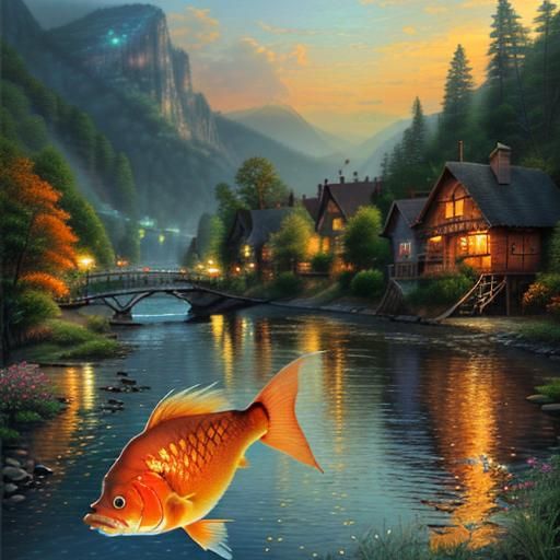 Vintage Houses with Smiling Fish in Luminism Style
