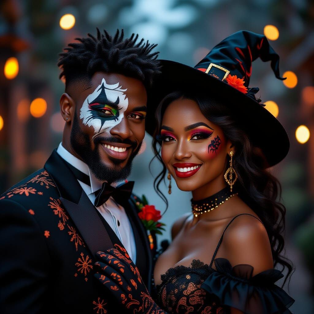 Stylish Black Couple in Artistic Halloween Makeup and Costum...