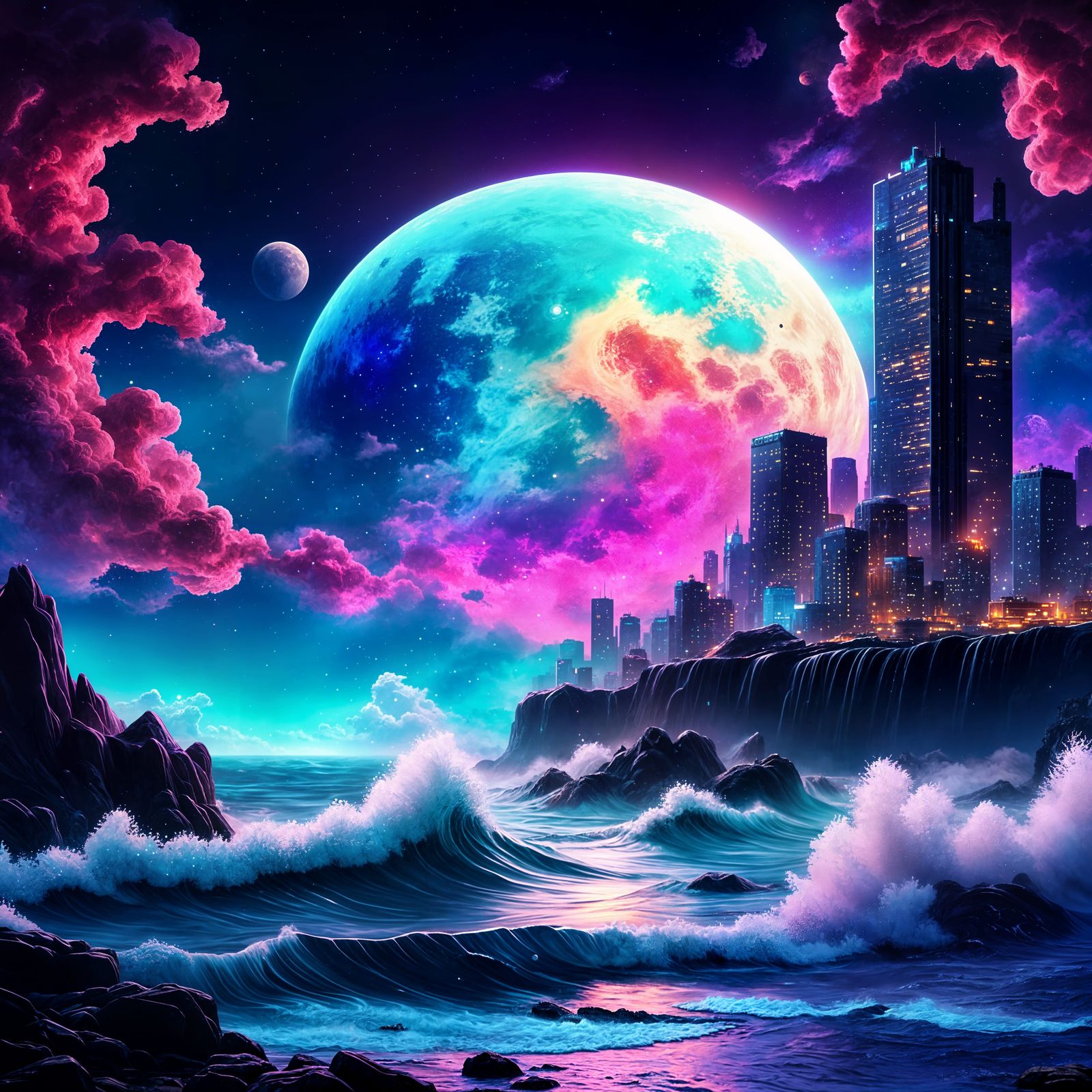 Ocean Waves Crash Over Moon in Cyberpunk Cityscape